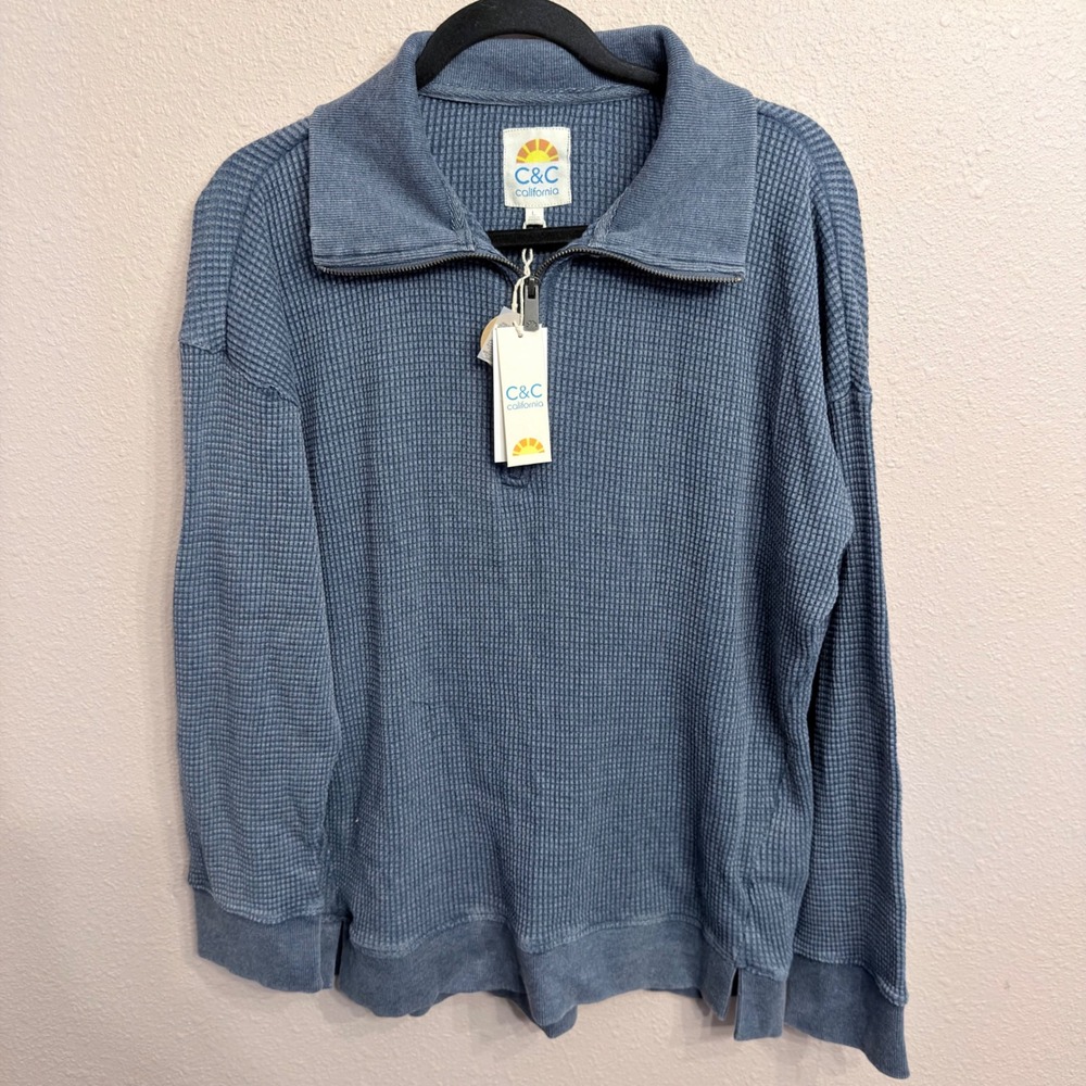 C&C California Blue Waffle Knit Quarter Zip Pullover Sweatshirt Mens Large NEW